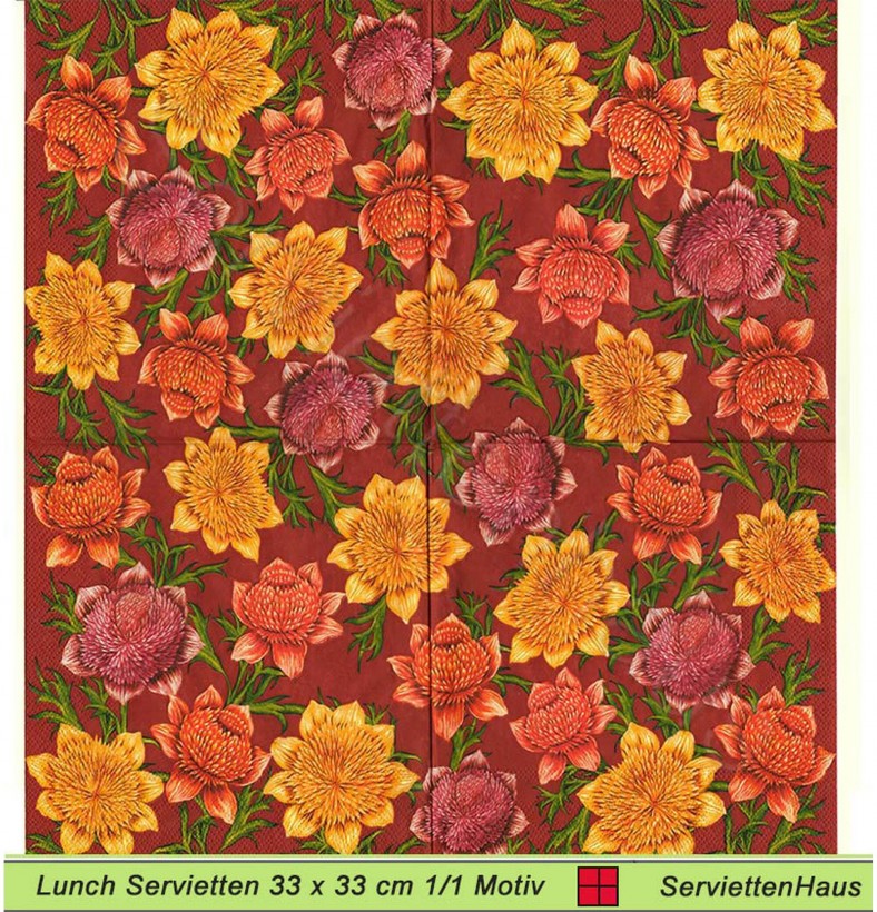 Dahlien in gelb orange lila auf rot - 1 Lunch Serviette - ganzes Motiv